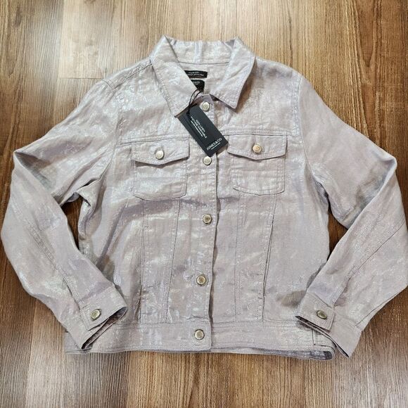 ☔️🔸️NWT Jones New York Metallic Lavender Lightweight LinenButtoned Jacket Large - Picture 1 of 11
